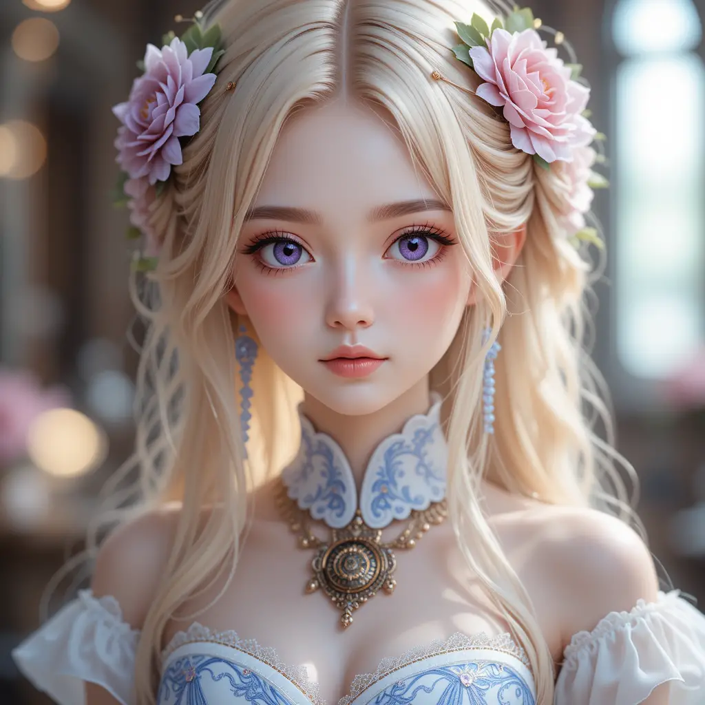 Anime girl portrait with floral hair and soft bokeh