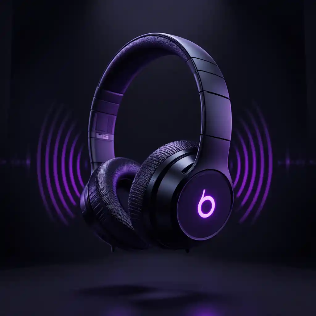 3d black headphones with glowing logo and sound waves