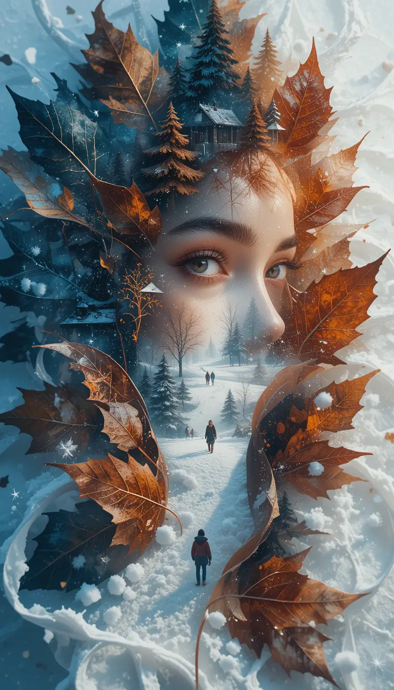 Double exposure winter leaves poster on snowy ground