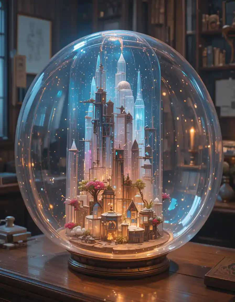 Woman in crystal tube above a futuristic alien city