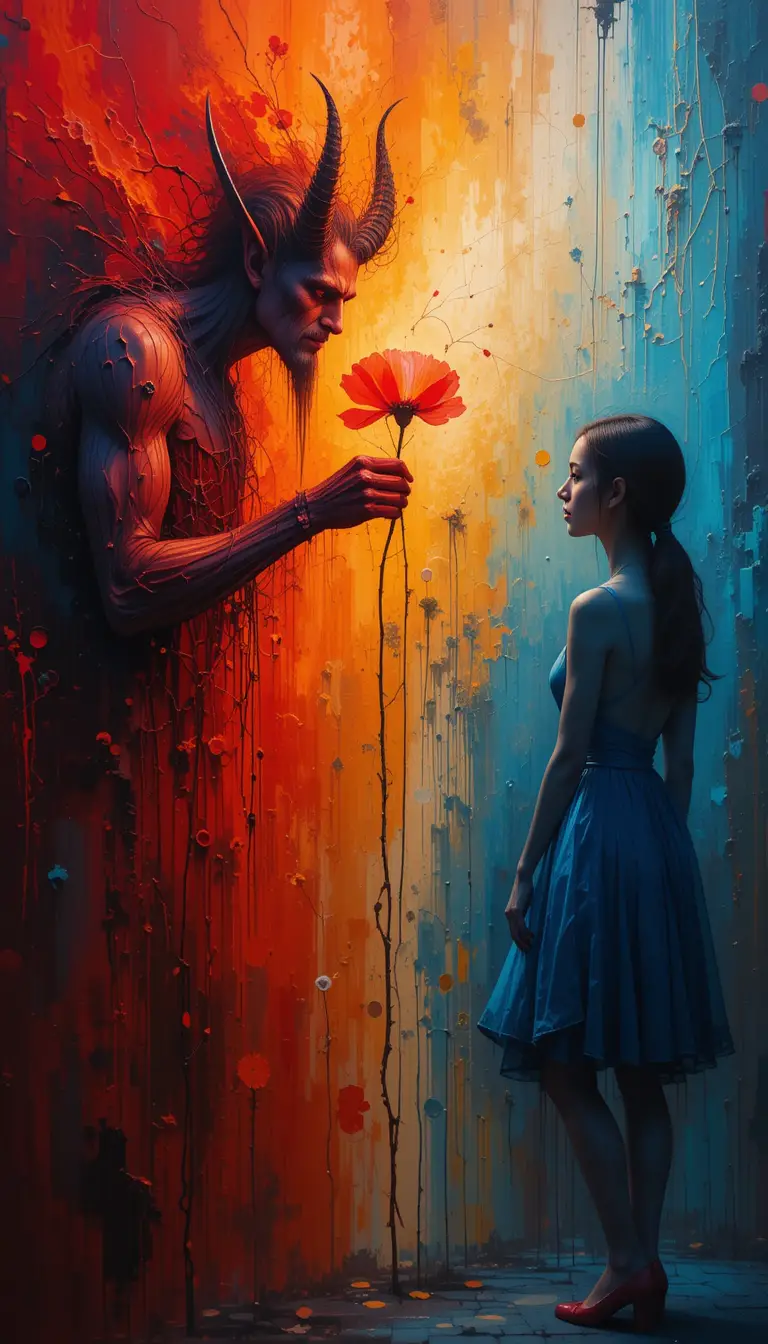 Demonio ofreciendo una amapola a una niña frente a un lienzo
