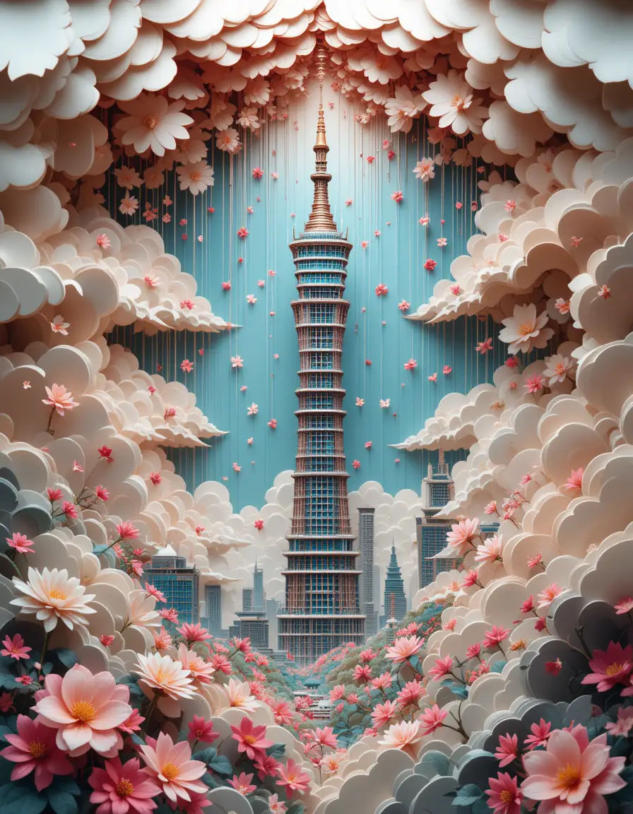 Taipei 101 tower in surreal paper cut floral fantasy