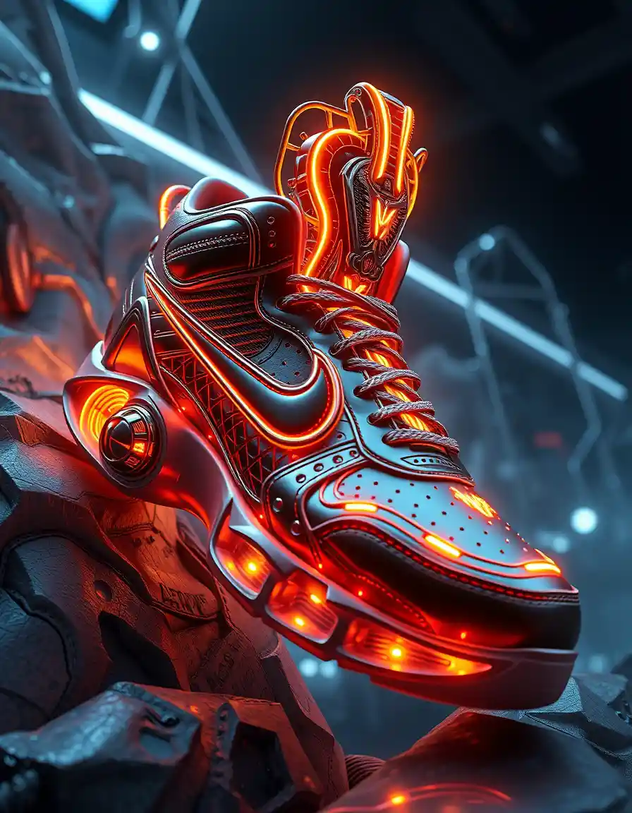 Futuristic neon mecha sneaker with luminous gold details