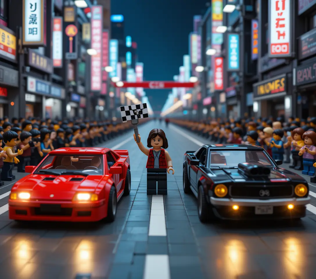 Lego street race with sports cars in night city