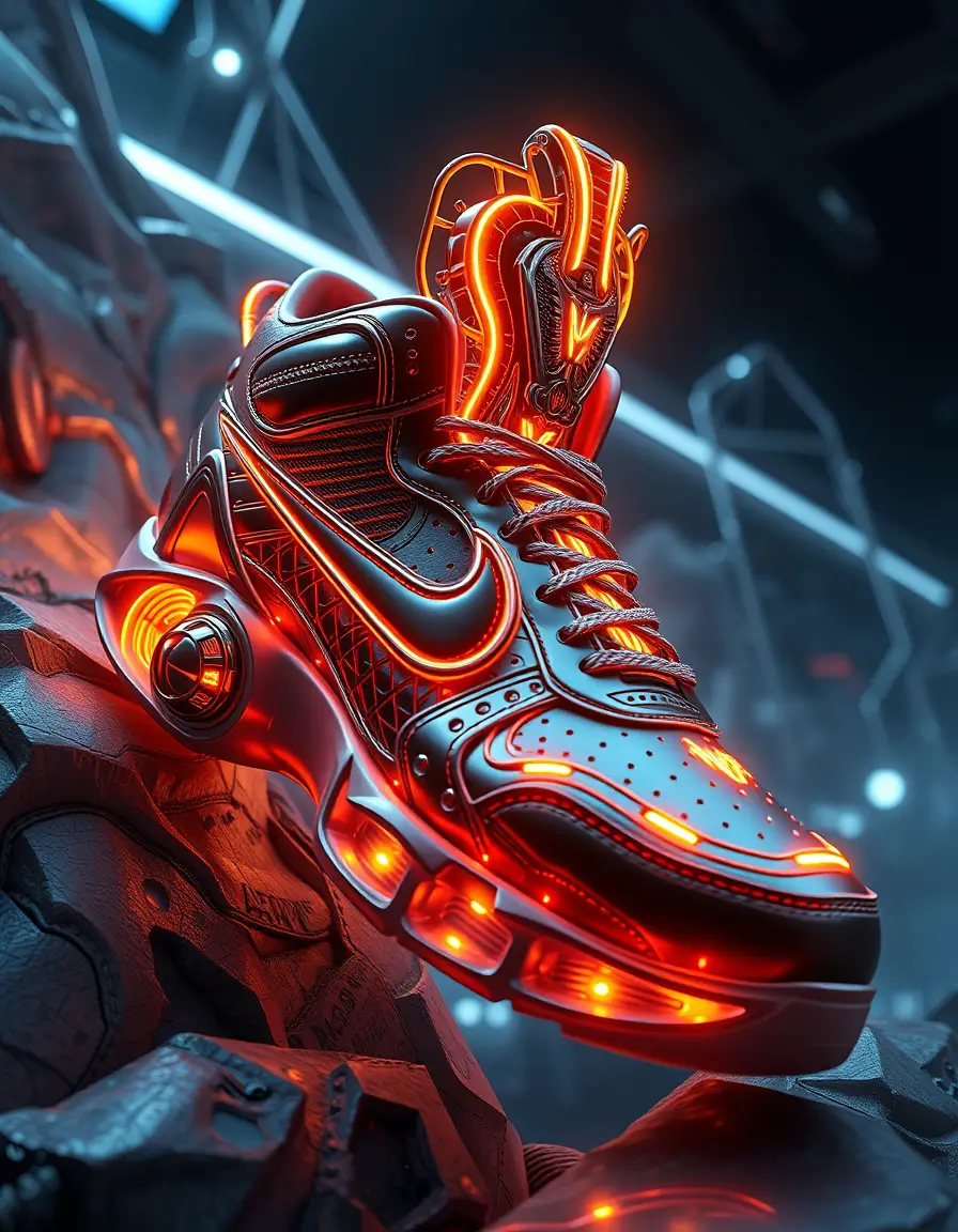 Futuristic neon mecha sneaker with luminous gold details