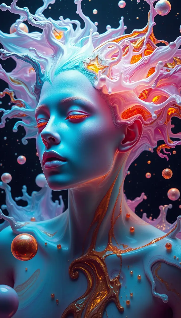 Surreal humanoid in vibrant liquid energy explosion