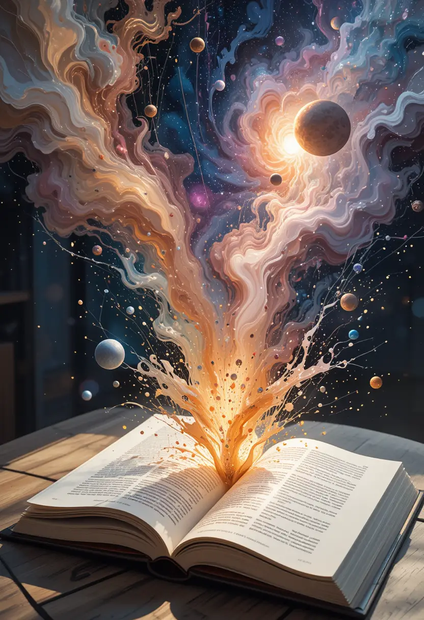 Abstract zero gravity scene exploding from open book