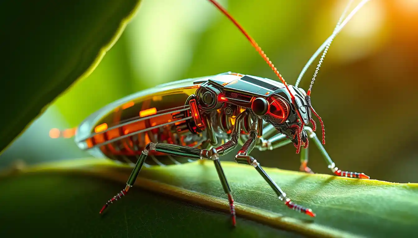 Mechanical cockroach nano robot on a leaf in nature