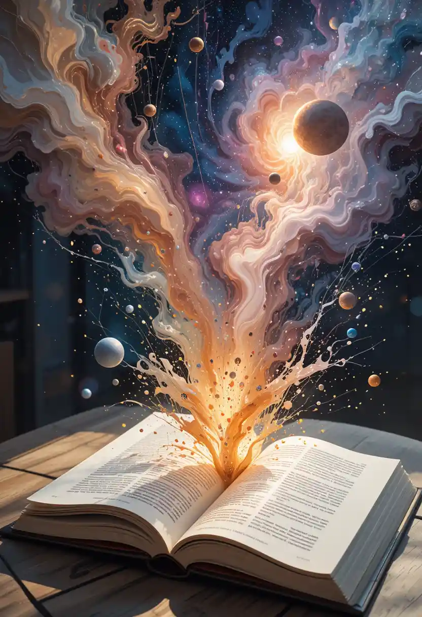 Abstrakte Schwerelosigkeitsszene, die aus einem geöffneten Buch explodiert