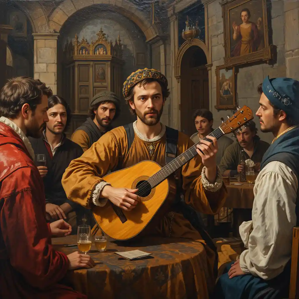 Homem medieval tocando alaúde em uma taverna animada
