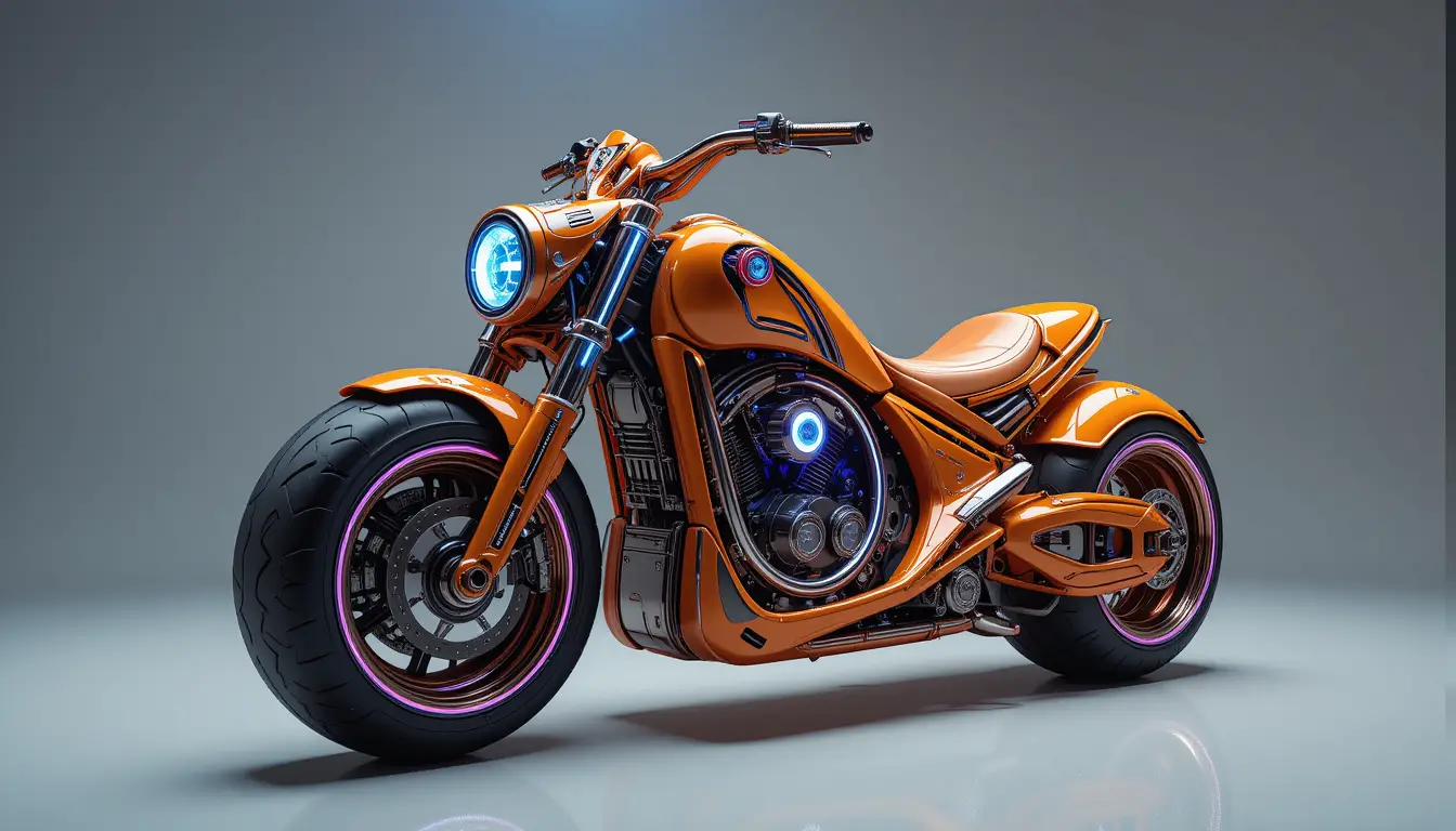 Futuristic orange scooter with neon lights in 3D render