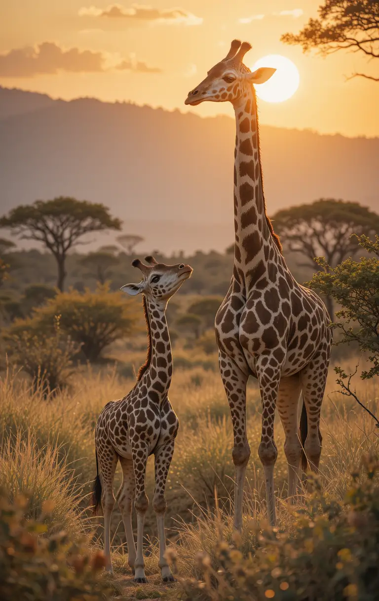 Baby giraffe looking up at parent in sunny savanna