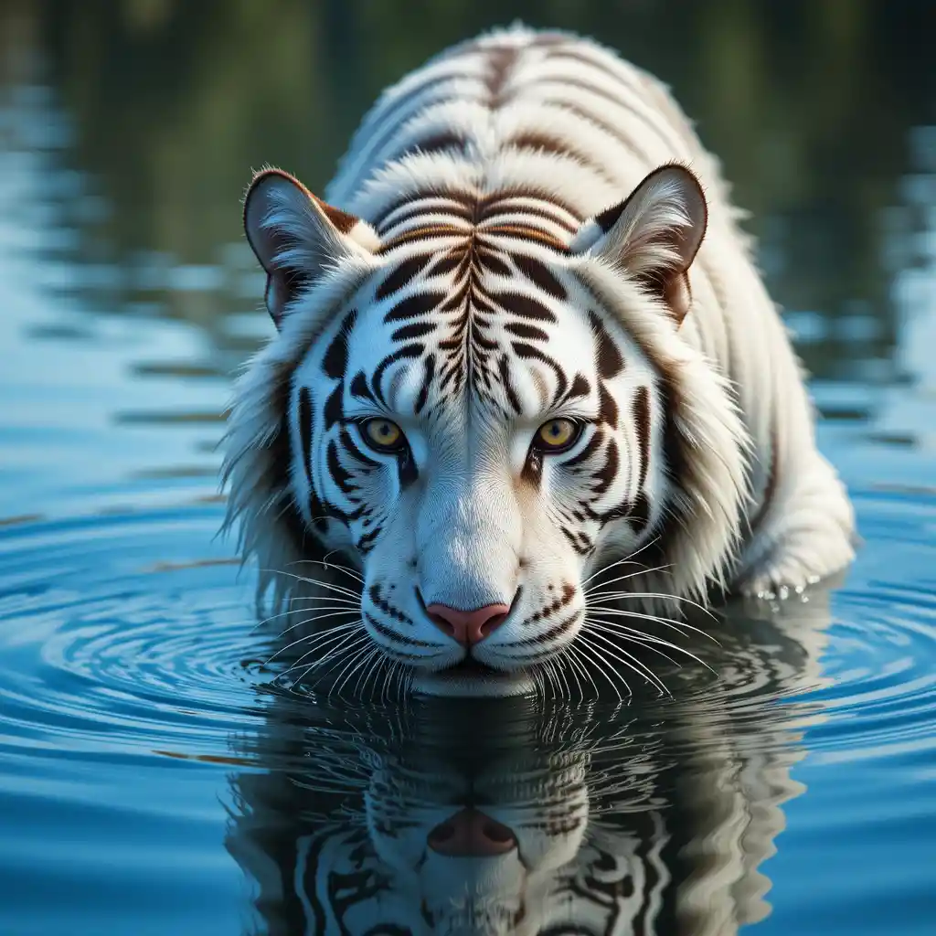 White bengal tiger drinking from a calm blue lake