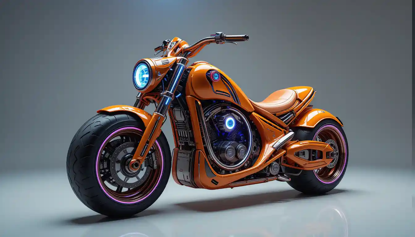 Futuristic orange scooter with neon lights in 3D render