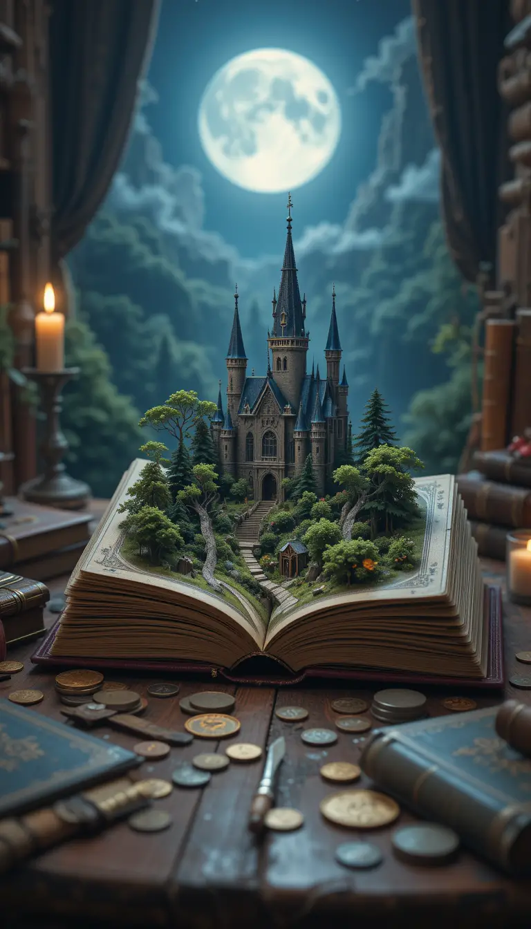 Magical castle landscape emerging from an open antique book