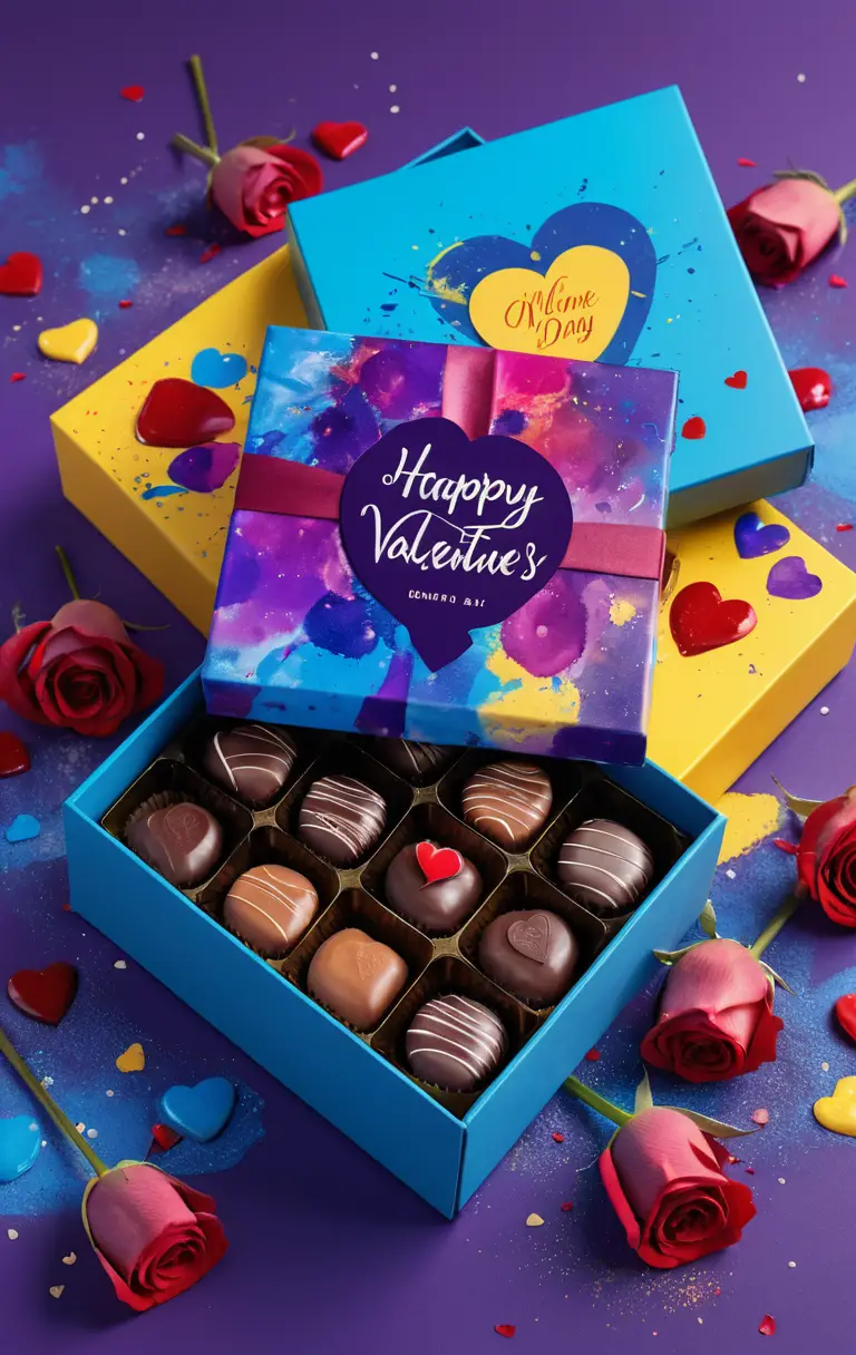Box of chocolates and rose with colorful abstract background