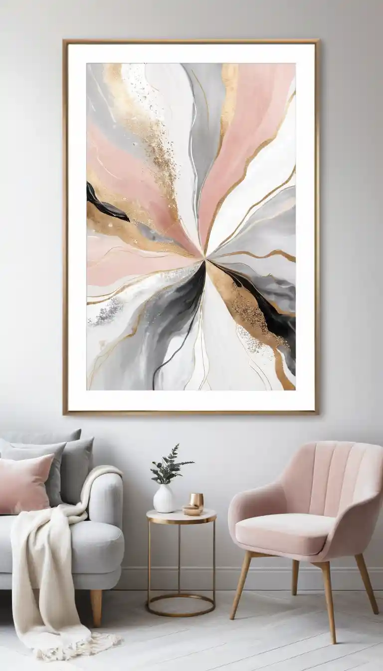 Abstract feminine framed artwork in white gold and silver