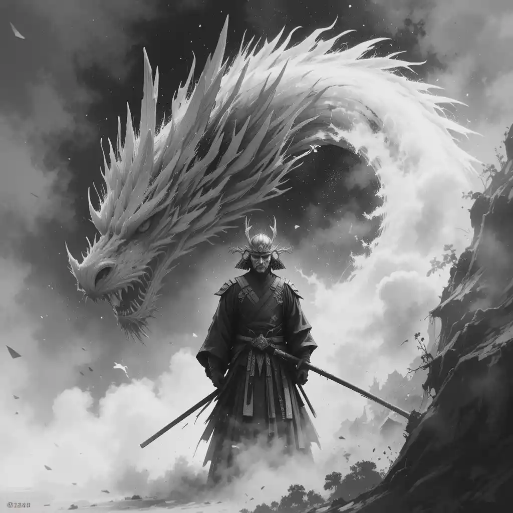 Samurai giapponese di fronte a un drago in stile inchiostro sumi-e