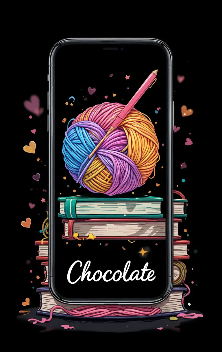 Transparent smartphone with colorful yarn ball and books