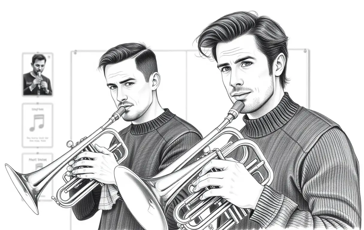 Two men practicing trumpet in a calm studio drawing