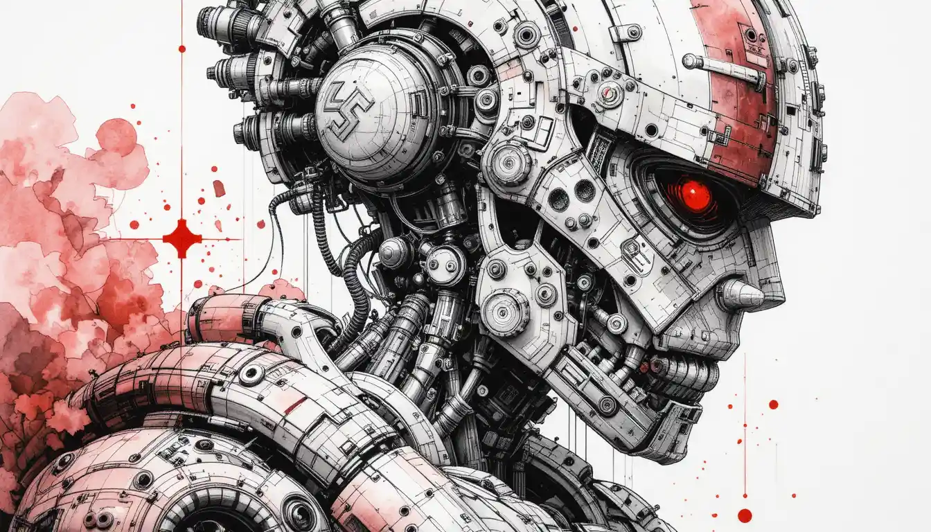 Futuristic robot rendered in pen and ink illustration