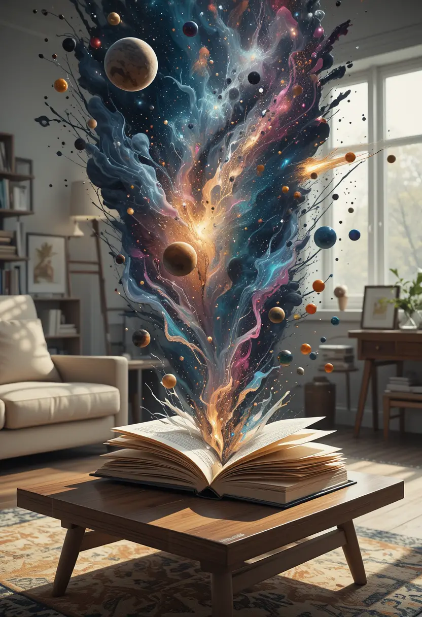 Abstract cosmos exploding from open book on coffee table