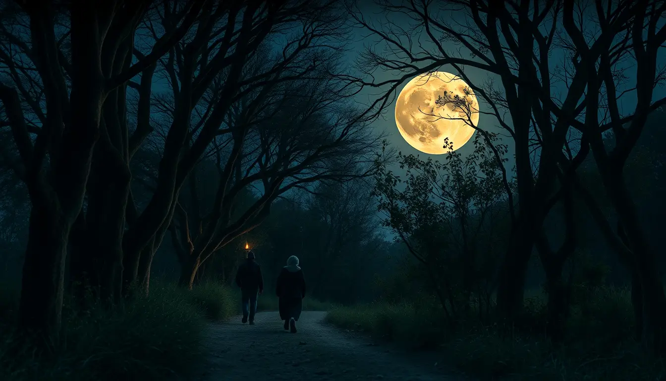 Hooded monks walking along an eerie moonlit forest path