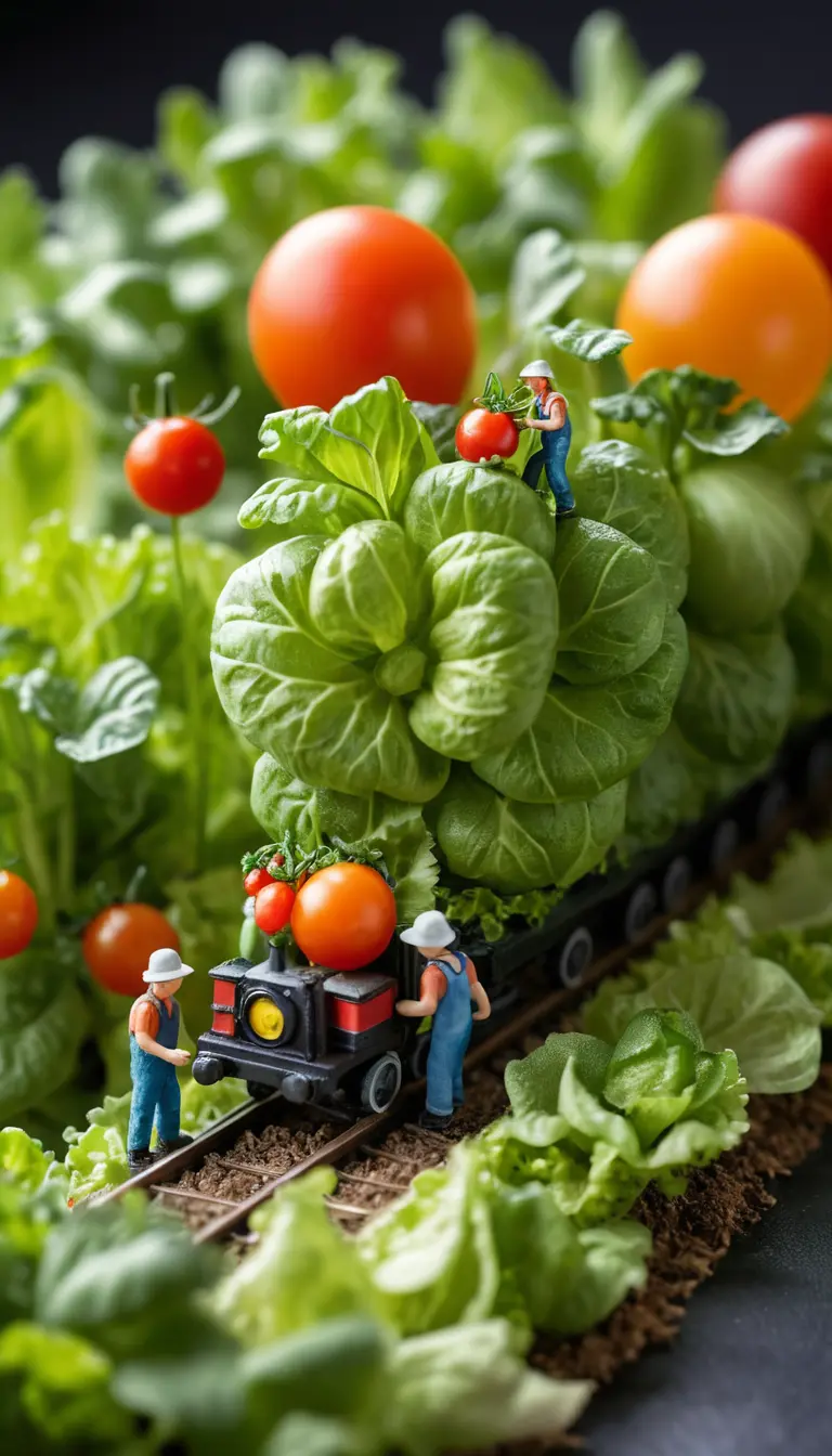 Miniature gardeners exploring a giant salad landscape