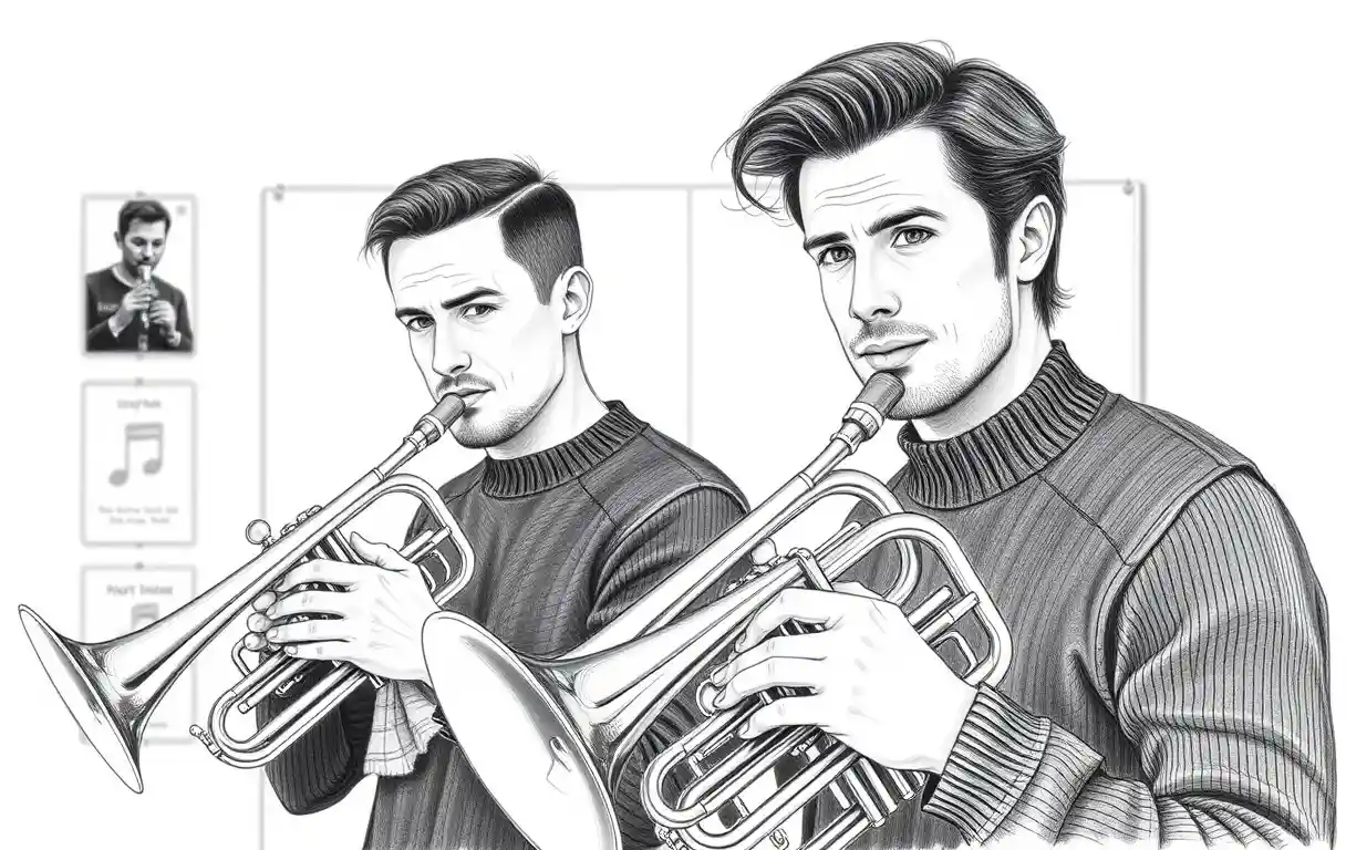 Two men practicing trumpet in a calm studio drawing