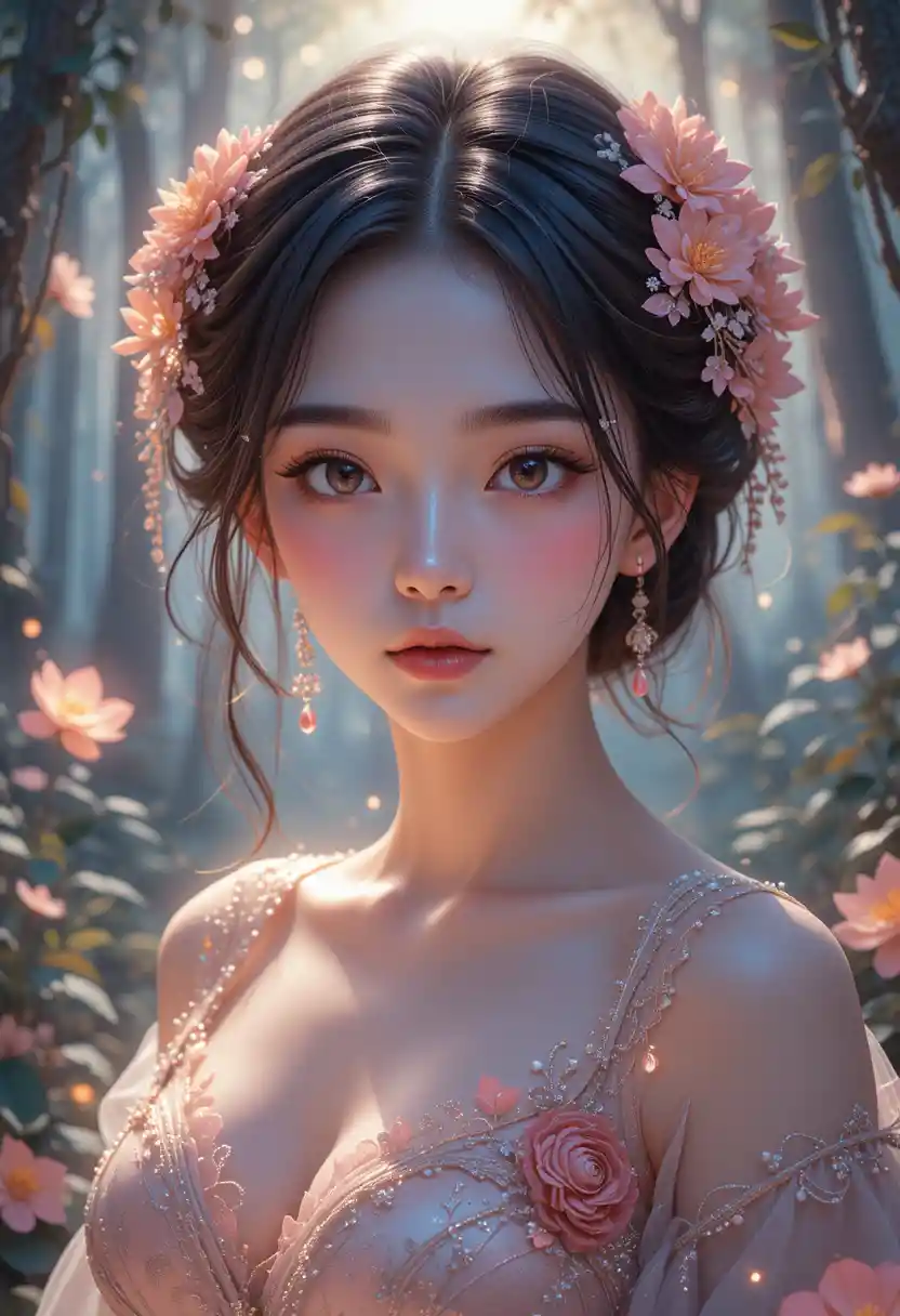 Anime woman in a serene magical forest portrait
