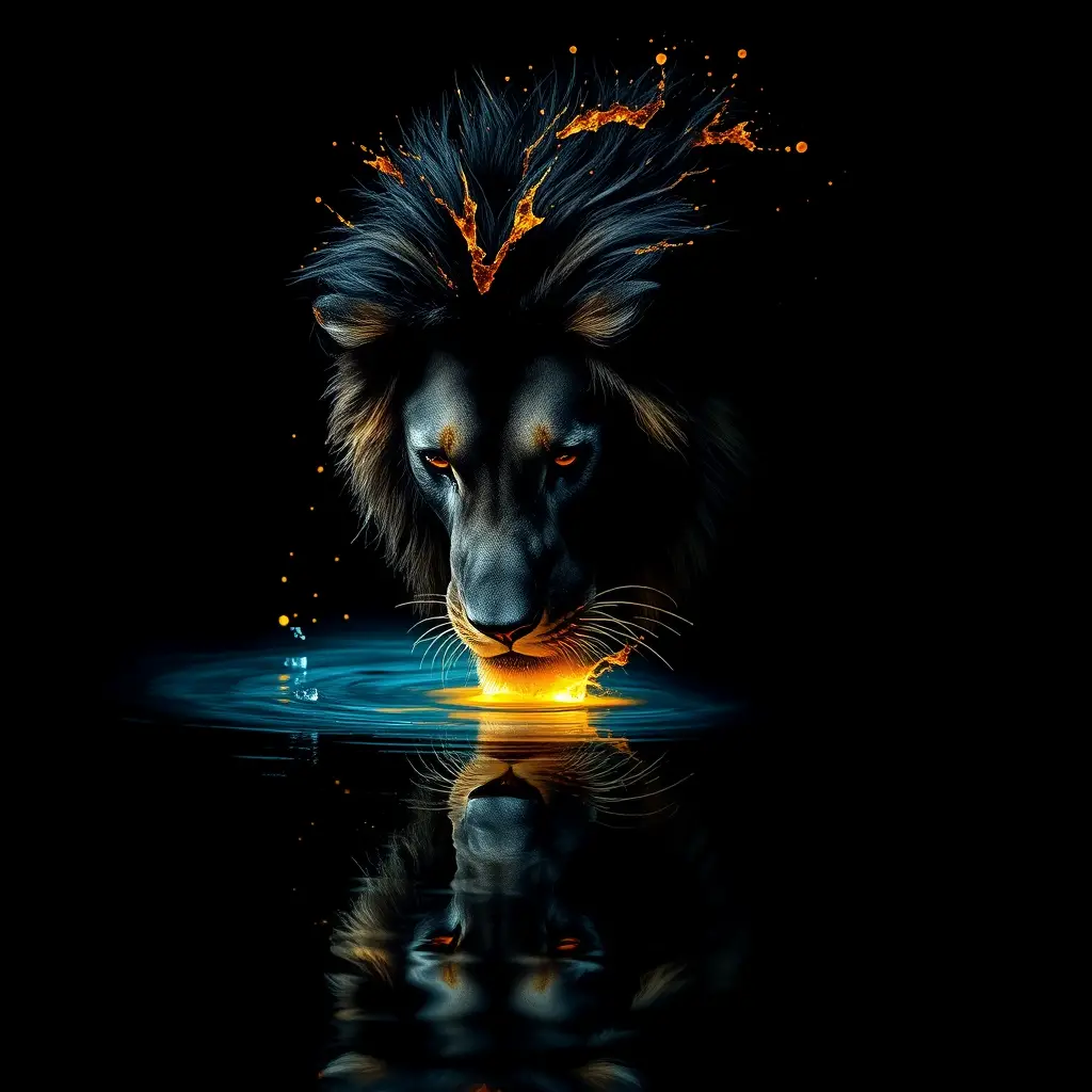 Black lion drinking from glowing blue water at night