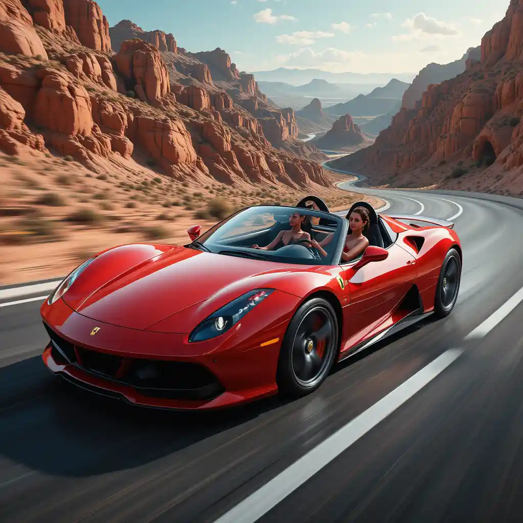 Futuristic woman driving a ferrari through canyon