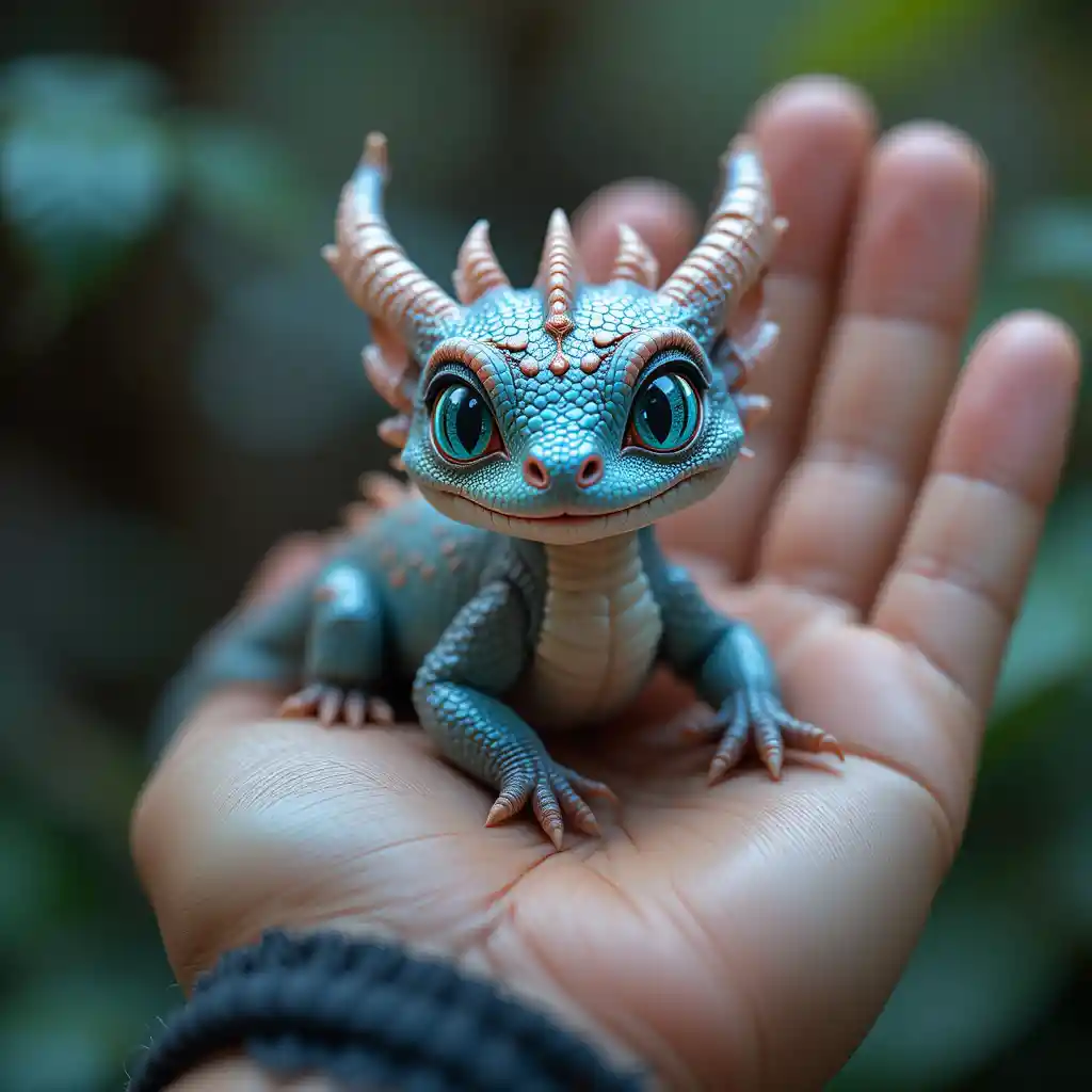 Tiny realistic dragon resting playfully in a human hand