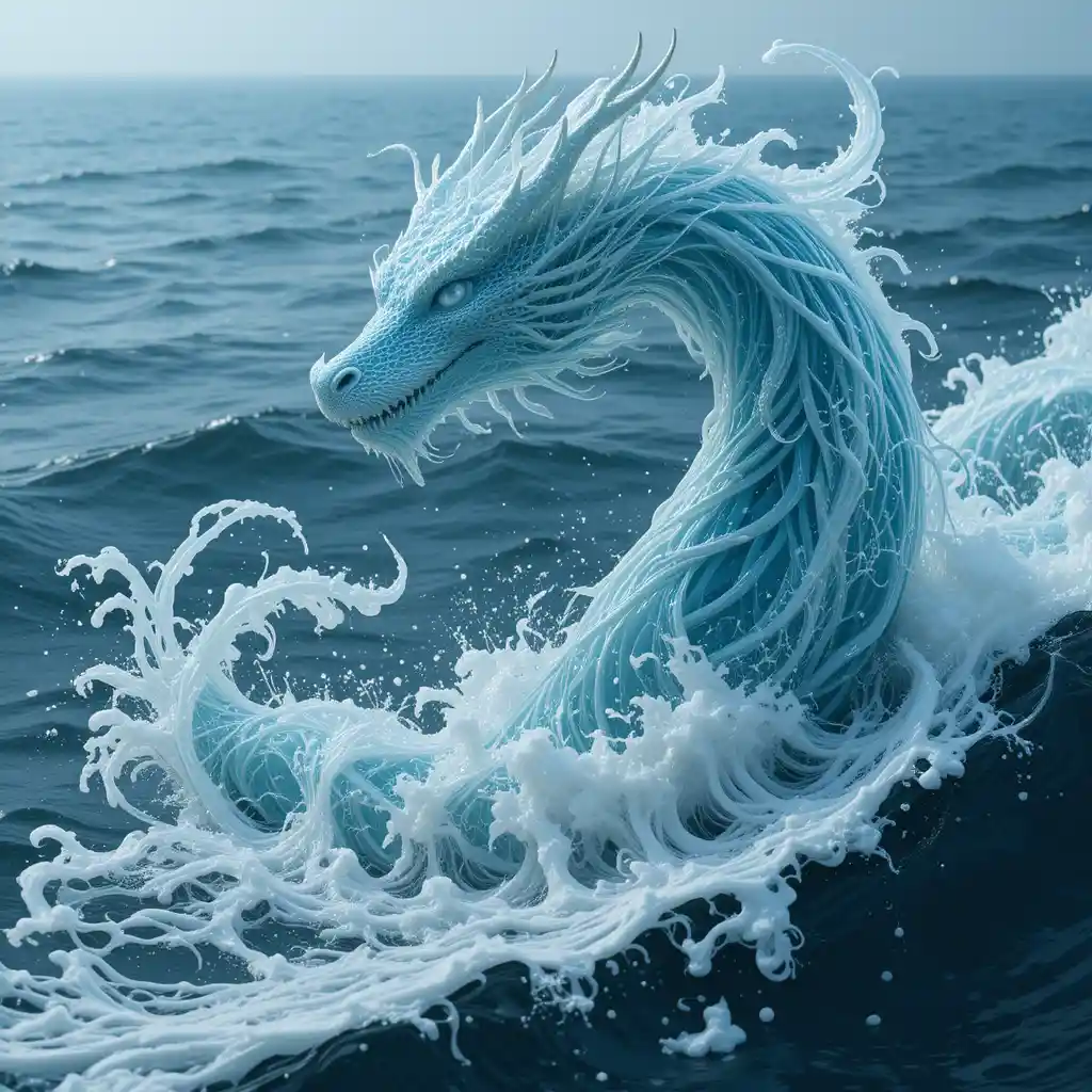 Watery dragon surging above calm ocean surface