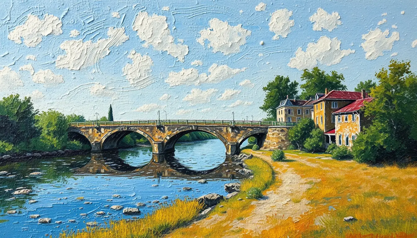 Textured oil painting of a river flowing beneath a bridge