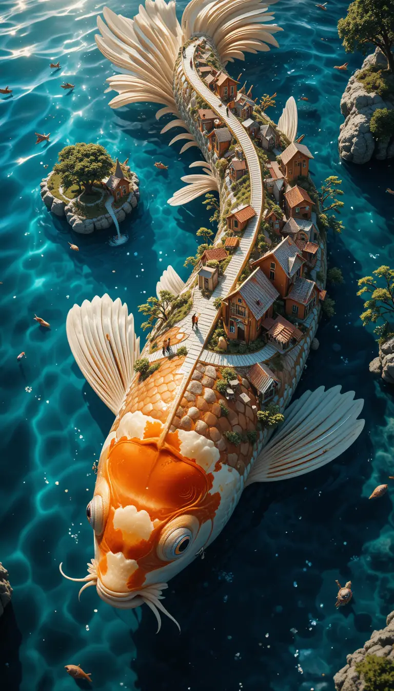 Surreal aerial koi fish as floating miniature village
