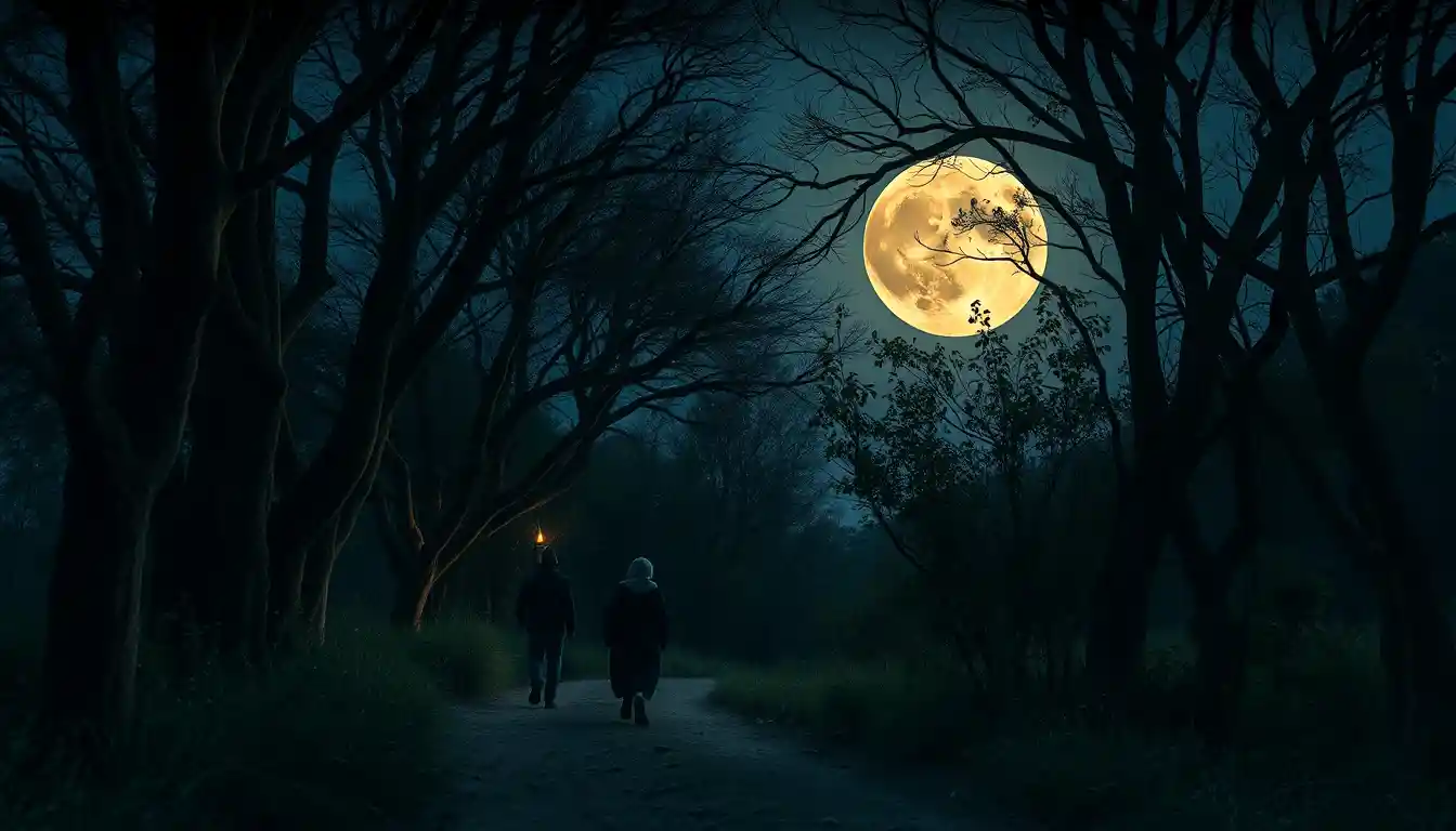Hooded monks walking along an eerie moonlit forest path
