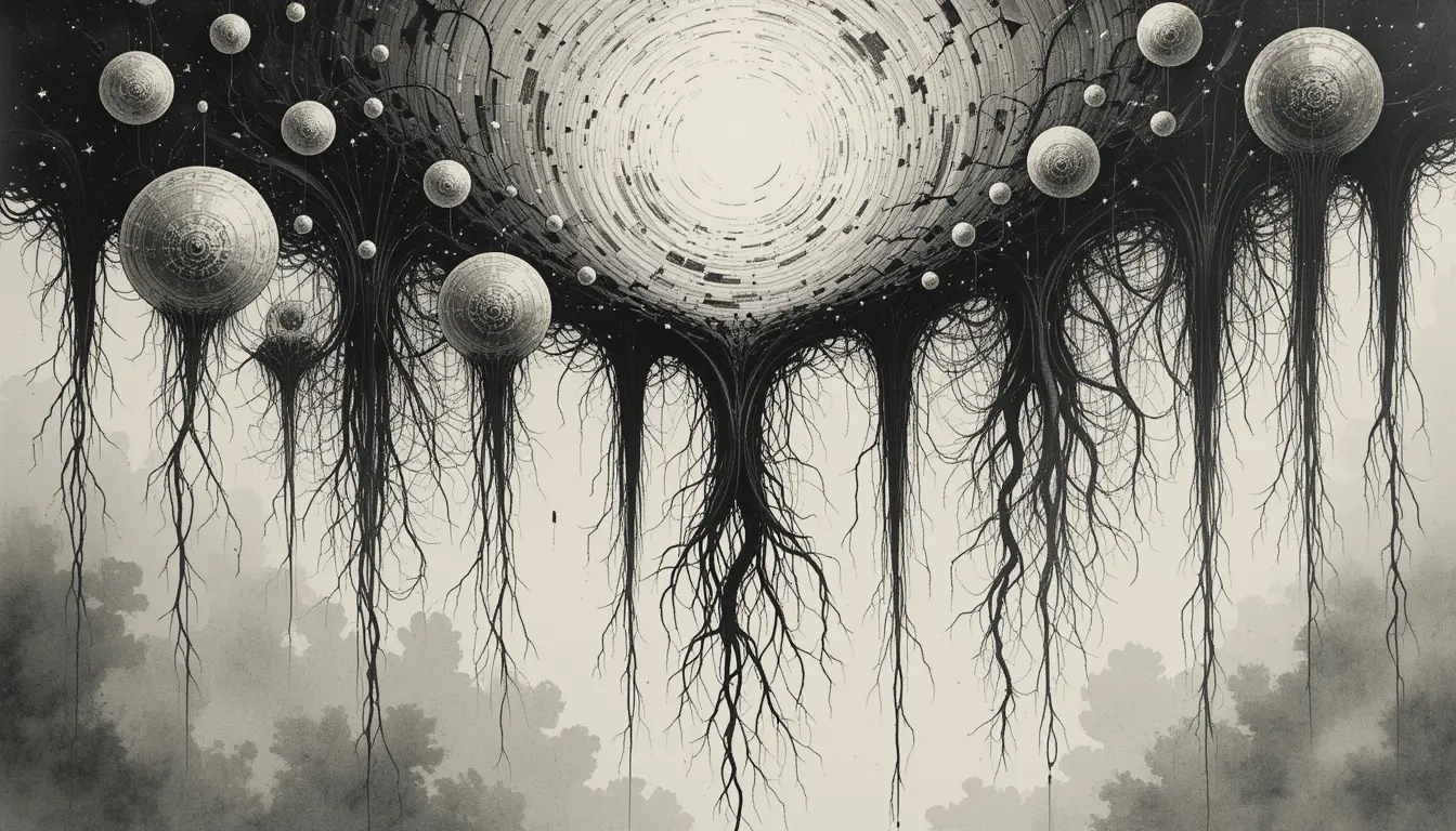Surreal trees hanging from glowing celestial spheres