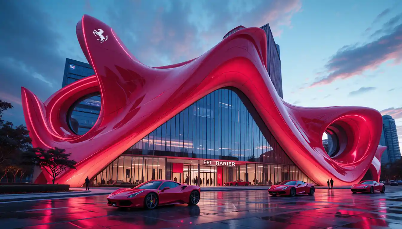 Futuristischer Glasturm mit neonbeleuchteter Luxusarchitektur