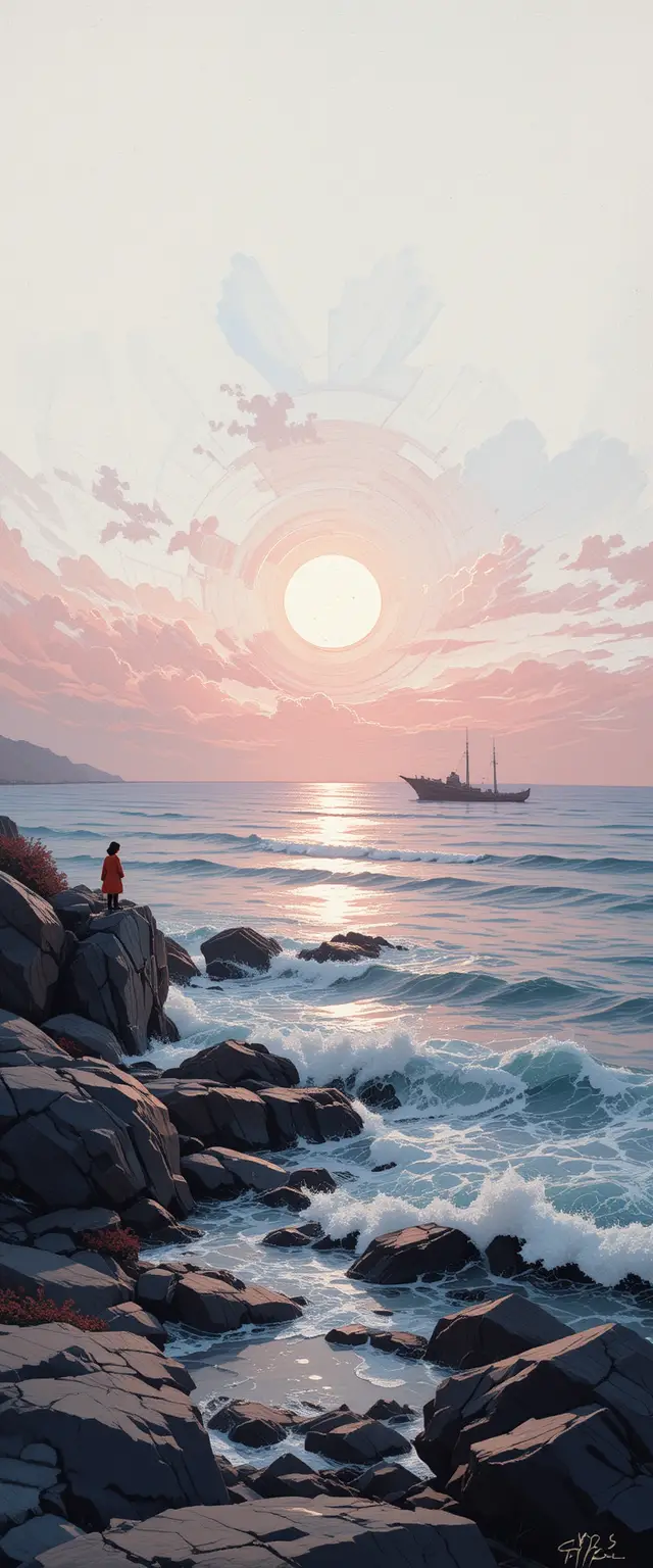 Dreamy impressionist seascape with rocks and gentle waves