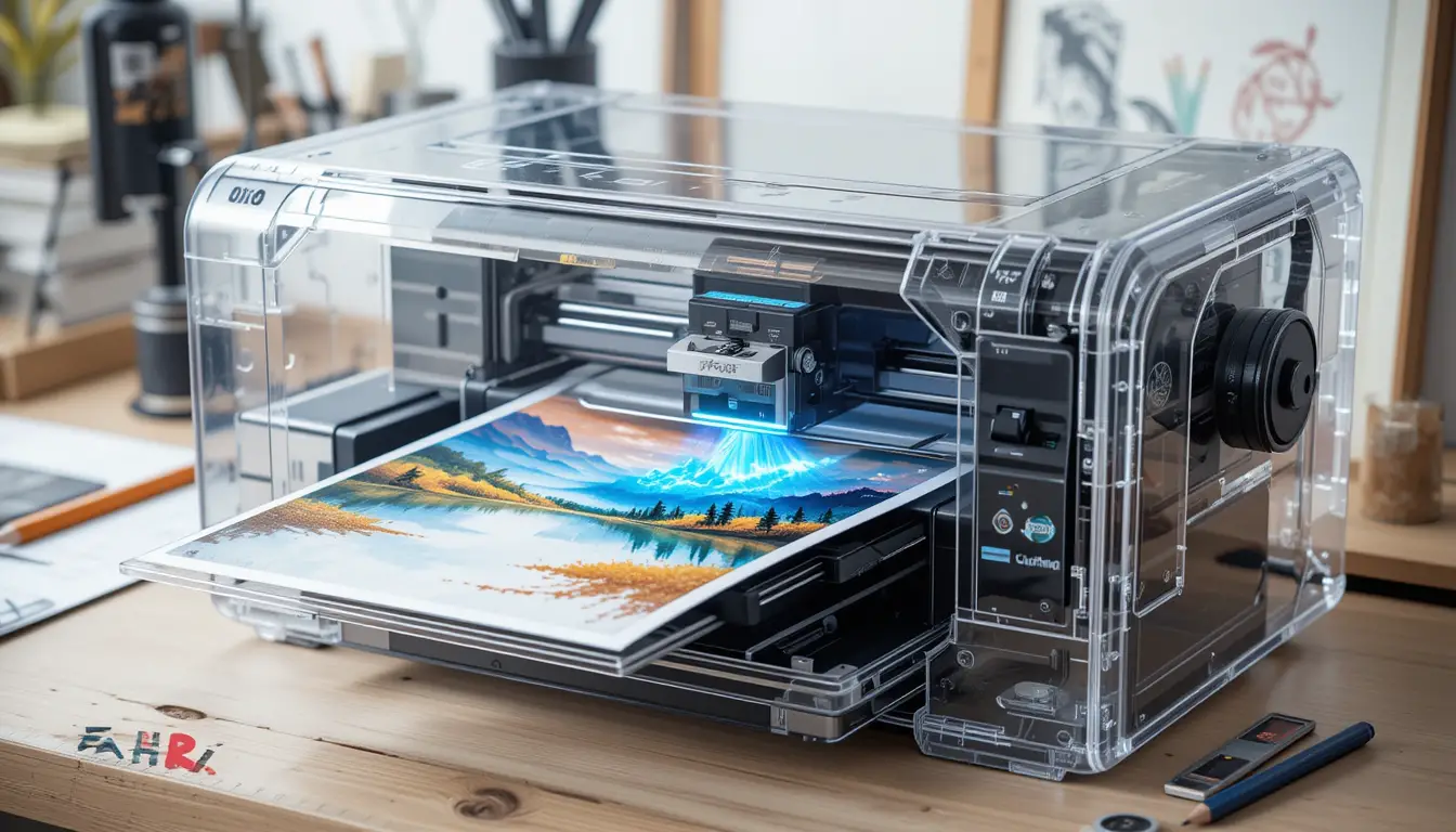 Transparent futuristic inkjet printer printing watercolor landscape
