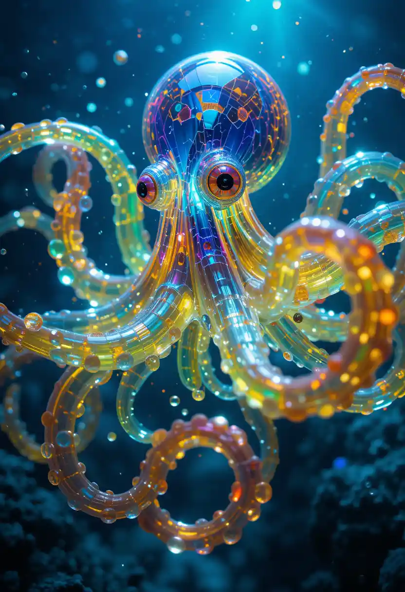 Colorful glass octopus in a cyberpunk underwater world