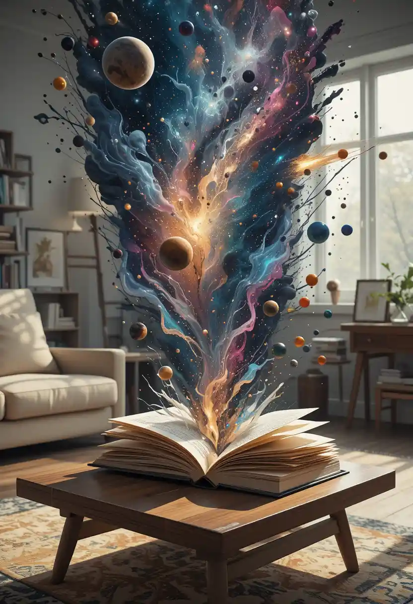 Abstract cosmos exploding from open book on coffee table