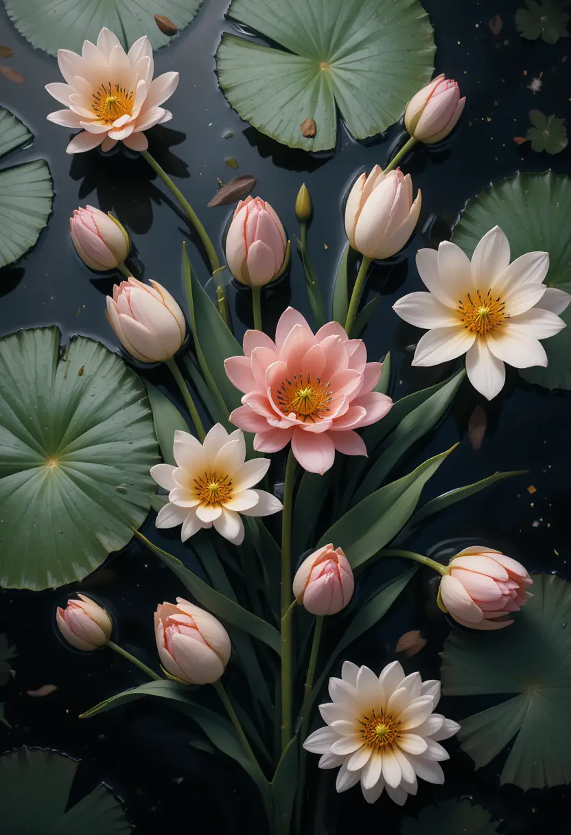 Tulips Floating On Dark Water Under A Night Sky