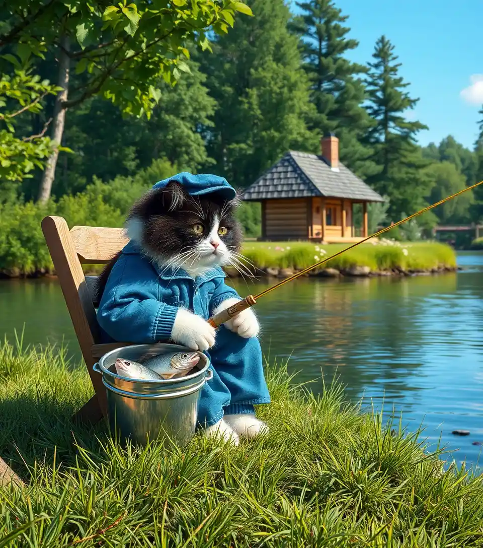 Cat Fishing By A Sunny Riverside Cottage In Nature