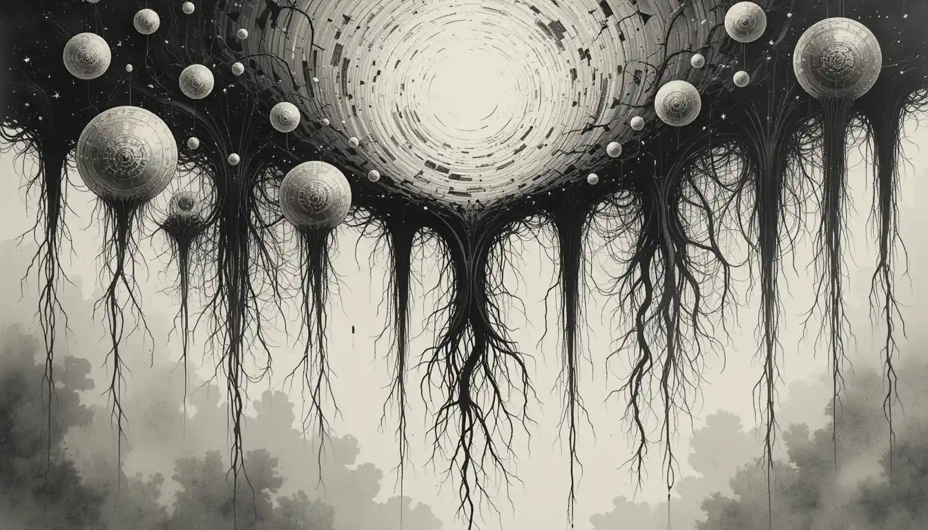 Surreal trees hanging from glowing celestial spheres