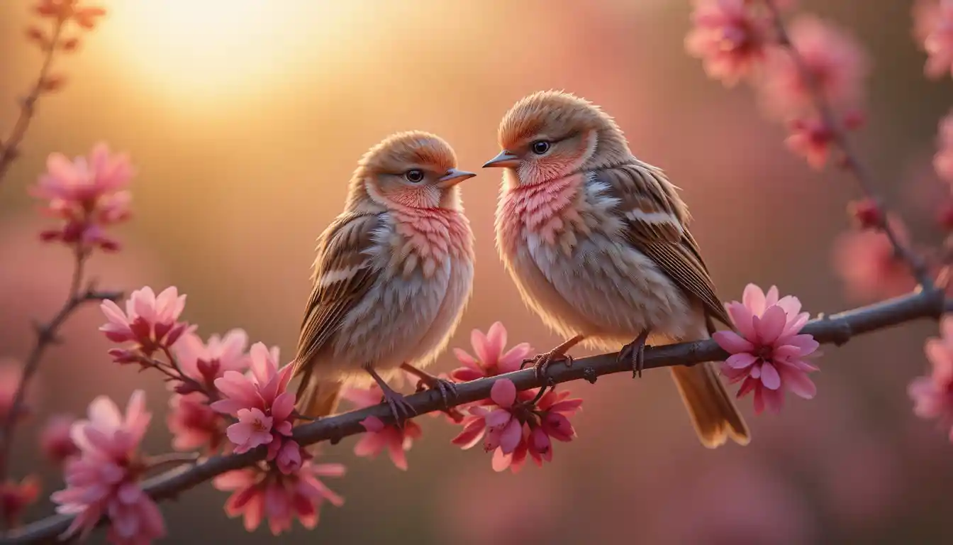 Two nightingales on a delicate cherry blossom branch