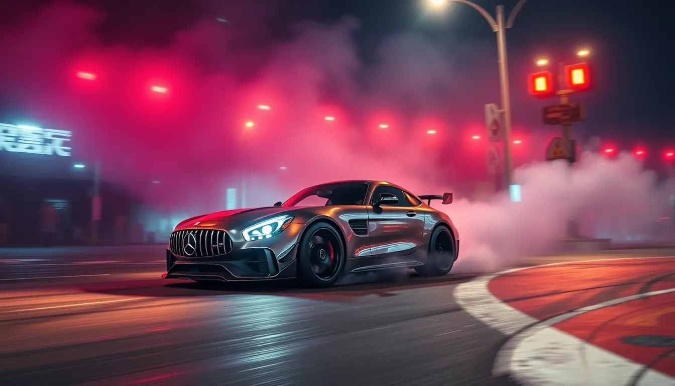 Mercedes sports car drifting through neon Shanghai night streets