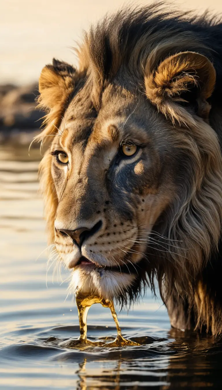 Black lion drinking from shimmering water with gold accents