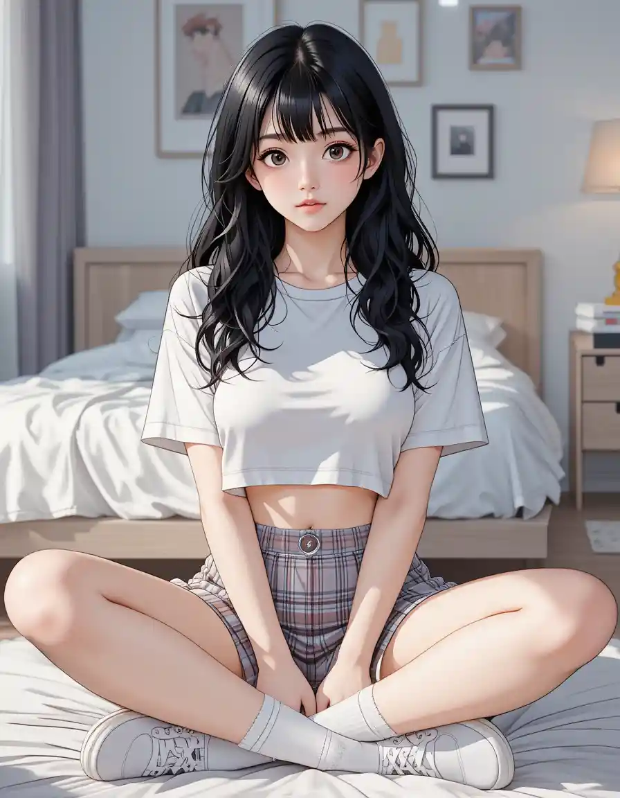 Anime girl sitting on bedroom floor in casual outfit